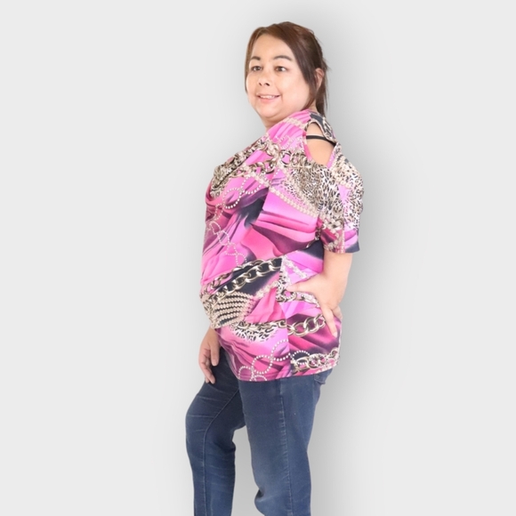 JOSEPH RIBKOFF WOMENS SIZE 14 PINK CHAIN PATTERN COLD SHOULDER SHIRT - Picture 5 of 6